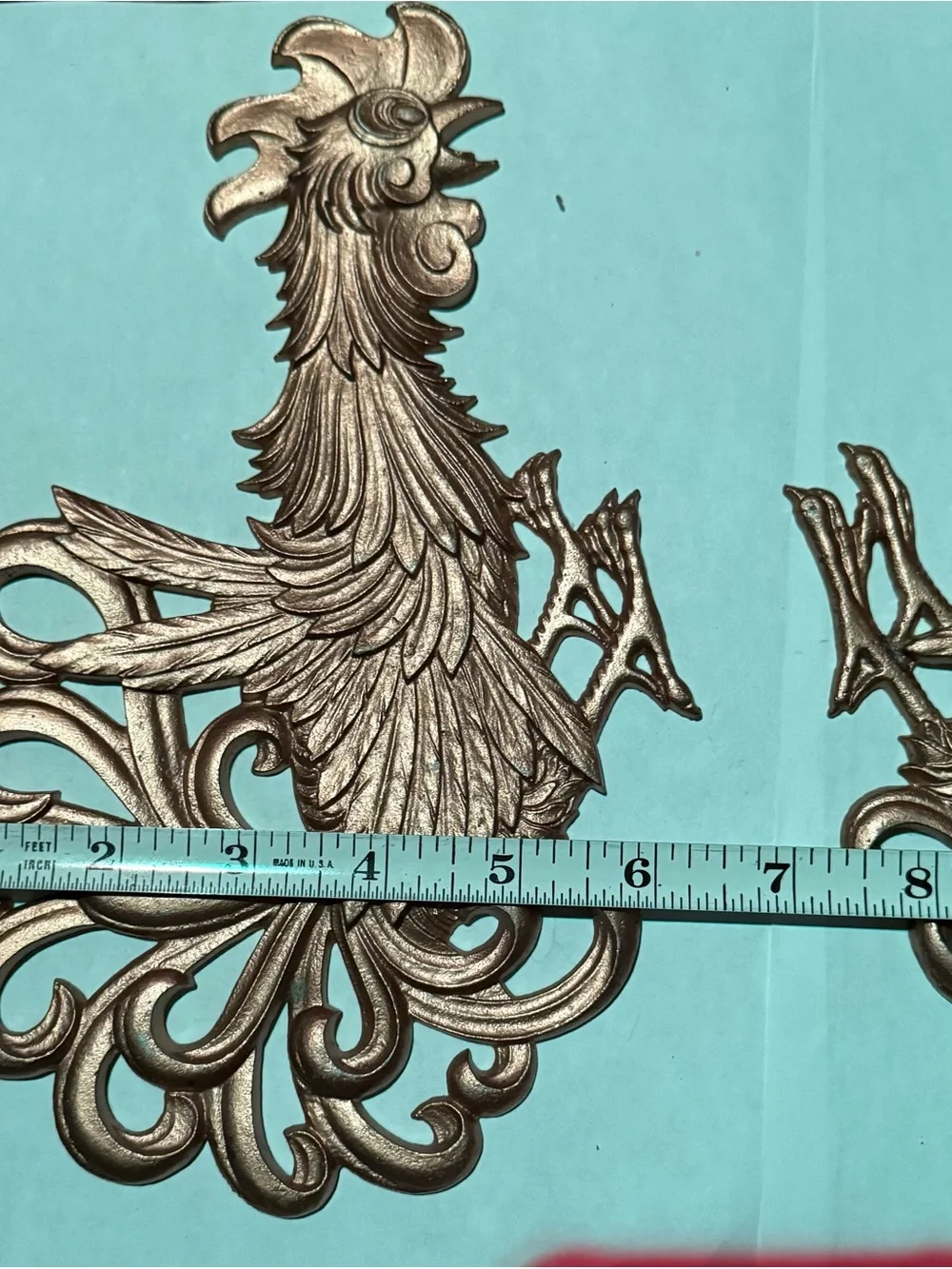 Vintage gold-painted aluminum or brass fighting rooster wall plaques